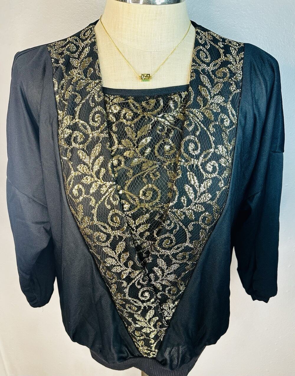 Vtg Deadstock Black With Gold Shimmer Filigree Design Plus 22W Blouse 80s 90s